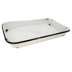 vintage white enamelware Baking Pan large rectangular tray navy blue trim